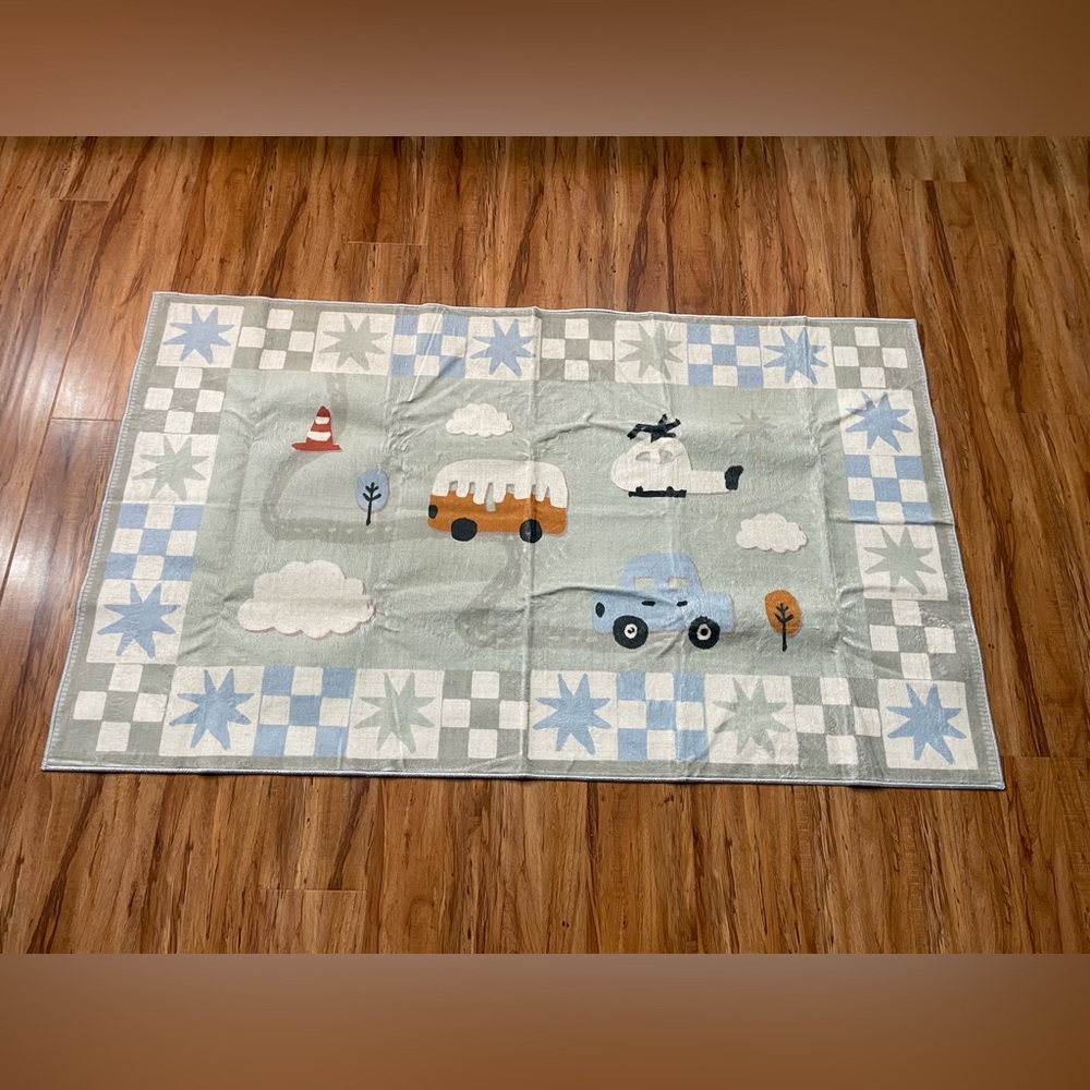Playful Kids Rug with Cars and Clouds